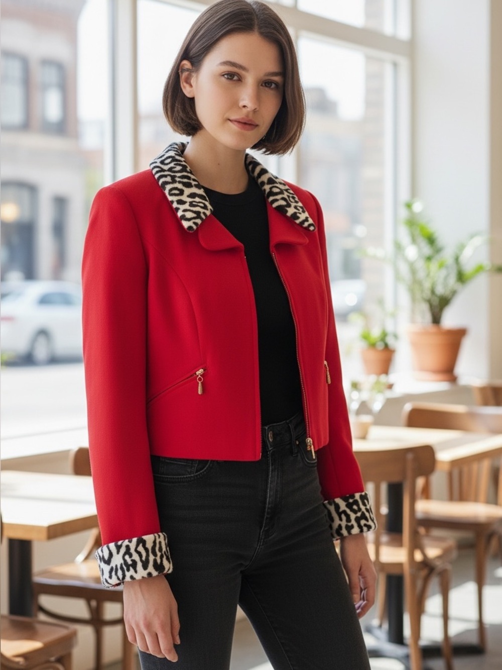 𝅺KELLY Graham cropped jacket, size 8, zipped front and pockets, shoulder pads